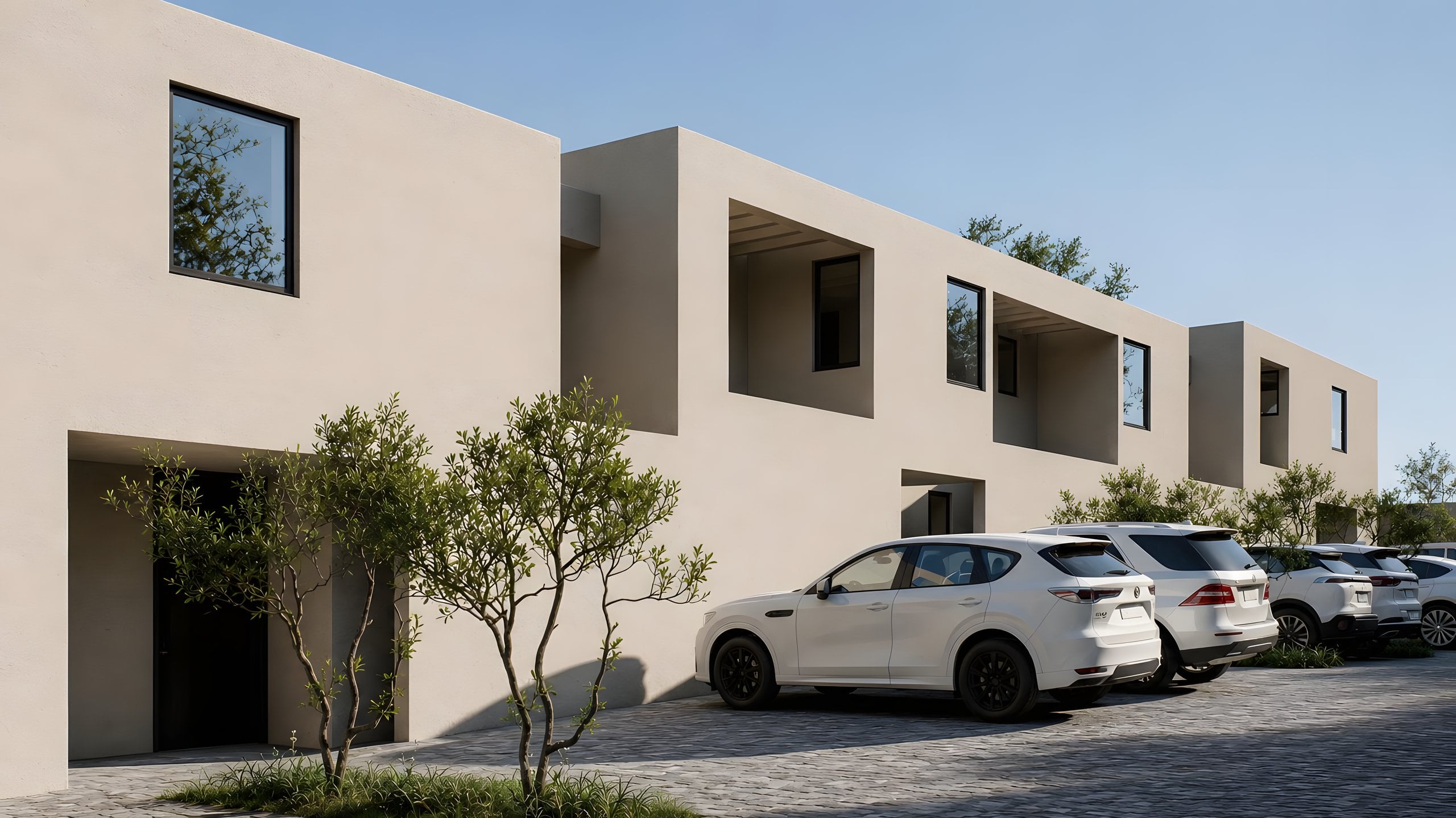 Fachada de las casas con olivos y adoquines
